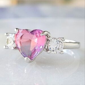 Pink & Blue Tourmaline Heart Ring, 925 Sterling Silver Charmed Aroma